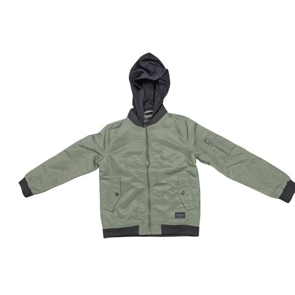 Kids Olive Green Removable Hooded Bomber Jacket Size Small 7/8 With Pockets & Zi - Picture 9 of 9